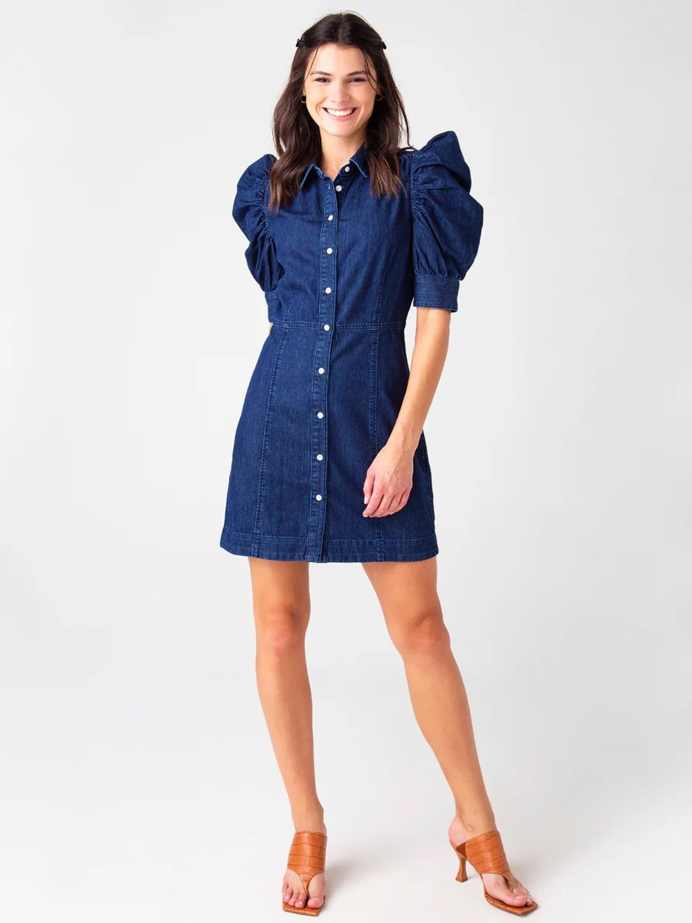 Frame Gillian Denim Shirt Dress Womens Medium Navy Blue Puff Sleeve Button Down